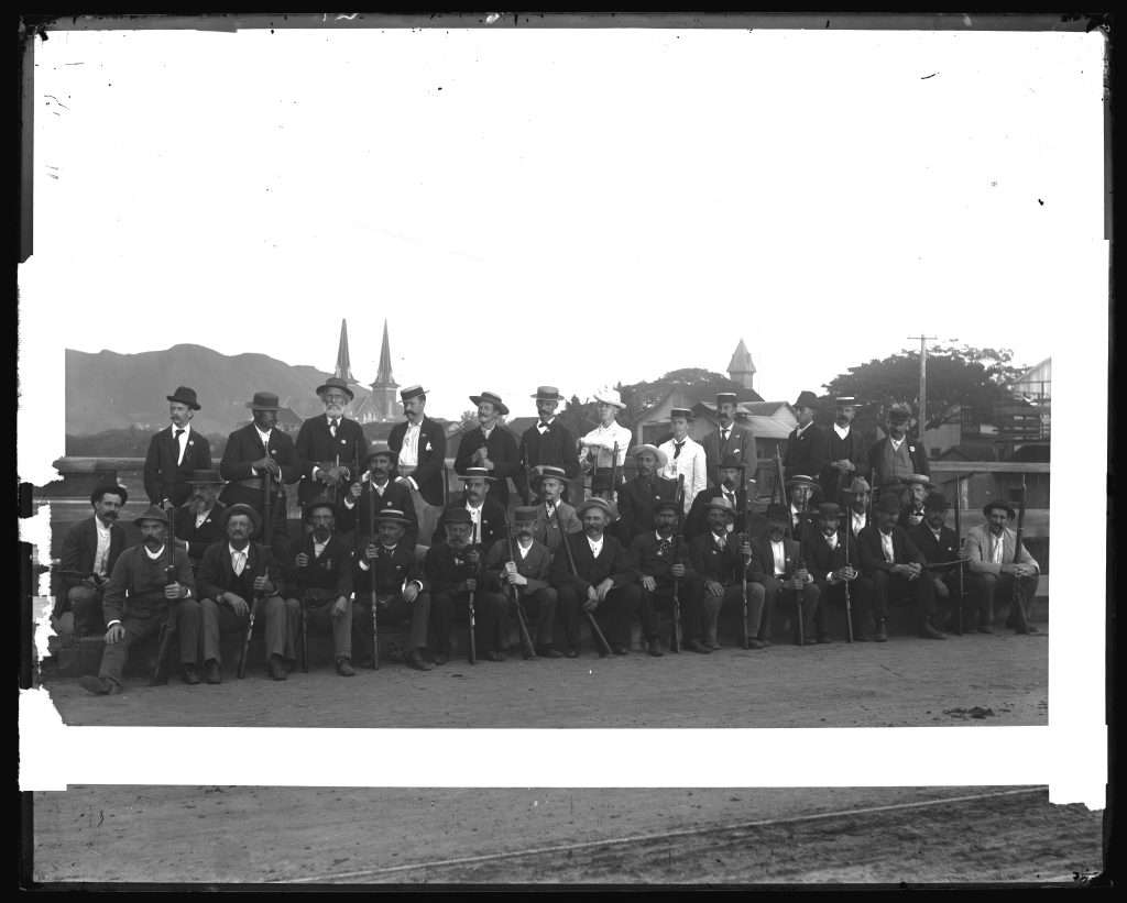 1895. CITIZENS GUARD - Members of the King Street Bridge Squad #8, Nuuanu Stream, in command of Sergeant Barney Ordenstein. Revolution of 1895