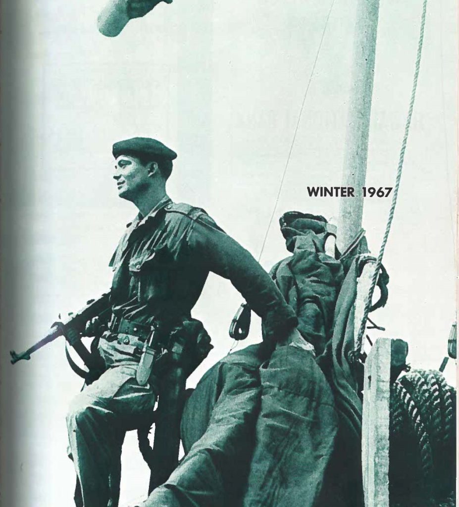 When did it begin? When will it end? The timelessness of war in Vietnam is shown on the cover by a simple but dramatic photograph taken by Scott Stone while he was in Vietnam. Pohaku, as he is known here in Hawaii, is the Assistant City Editor for the Honolulu Advertiser and the Hawaii correspond for Reuters, the British News Agency. Born in rural Tennessee of Danish-Cherokee parents, Scott has lived here in Hawaii for the past 10 years. He is a veteran of the Korean War with the Marines and has spent three months in Vietnam with One Junk Force, River Patrol Squadron and River Assault Flotilla Reserve as a Lieutenant Commander (line officer) in the Naval reserve. Stone has had one novel published, THE COAST OF WAR, and has completed the writing of a second novel soon to be published: The photographs accompanying the story on Vietnam in this issue were also taken by Stone.