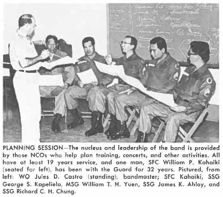 PLANNING SESSION- The nucleus and leadership of the band is provided by those NCOs who help plan training, concerts, and other activities. All have at least 19 years service, and one man, SFC William P. Kahoiki (seated for left). has been with the Guard for 32 years. Pictured, from left WO Jule, D. Cailro (standing), bandmaster; SFC Kahaiki, SSG George S. Kapeliela, MSG William T. H. Yuen , SSG James K. Ahloy, and SSG Richard C. H. Chung.