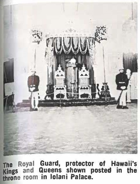 The Royal Guard, protector of Hawaii's Kings and Queens shown posted in the throne room in lolani Palace.
