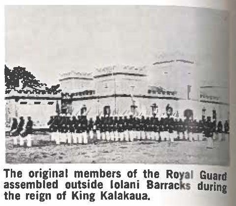 The original members of the Royal Guard assembled outside lolani Barracks during the reign of King Kalakaua.