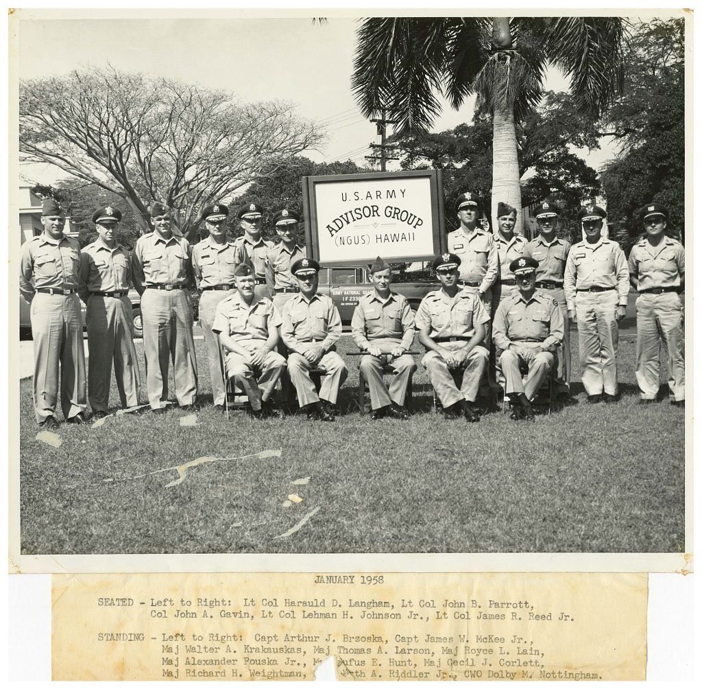 January 1958 SEATED – Left to Right: Lt Col Harauld D. Langham, Lt Col John B. Parrott, Col John A. Gavin, Lt Col Lehman H. Johnson Jr., Lt Col James R. Reed Jr. STANDING - Left to Right: Capt Arthur J. Brzoska, Capt James McKee Jr., Maj Walter A. Krakauskas, Maj Thomas A. Larson, Maj Royce L. Lain, Maj Alexander Pouska Jr., M...ufus E. Hunt, Maj Cecil J. Corlett, Maj. Richard H. Weightman, . . . th A. Riddler Jr., CWO Dolby M. Nottingham