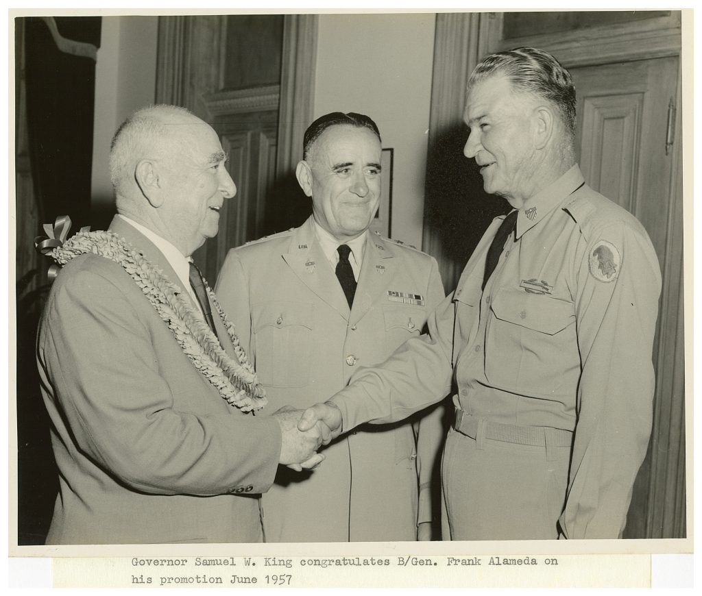 Governor Samuel W. King congratulates B/Gen. Frank Alameda on his promotion June 1957 199th Fighter Interceptor Sqdn, Hawaii Air National Guard