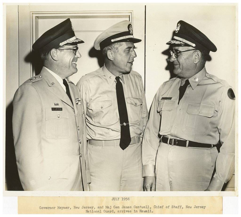 July 1958 Governor Meyner, New jersey, and Maj Gen James Cantwell, Chief of Staff, New Jersey National Guard, arrives in Hawaii.