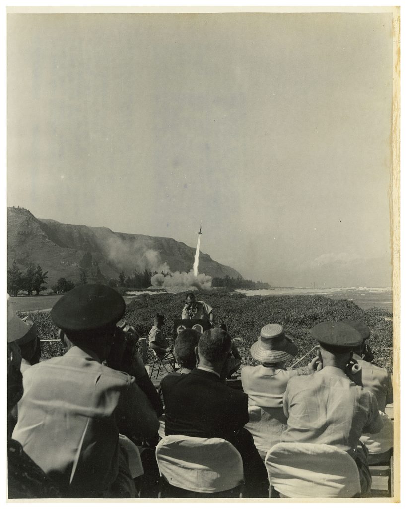 WE776-2779/GP61 Schofield Barracks The first Nike Hercules missile to be fired on Oahu, Hawaii, leaves its launching pad for its target. The firing was done by members of the Hawaii Army National Guard, Btry C, 2nd Msl Bn, 298th Arty Gp (Air Defense) during the first annual Service Practices, at Dillingham AFB. 8 November 1961 Photo by PFC Ronald D Shook 125th Signal Battalion (Inf Div) APO 25