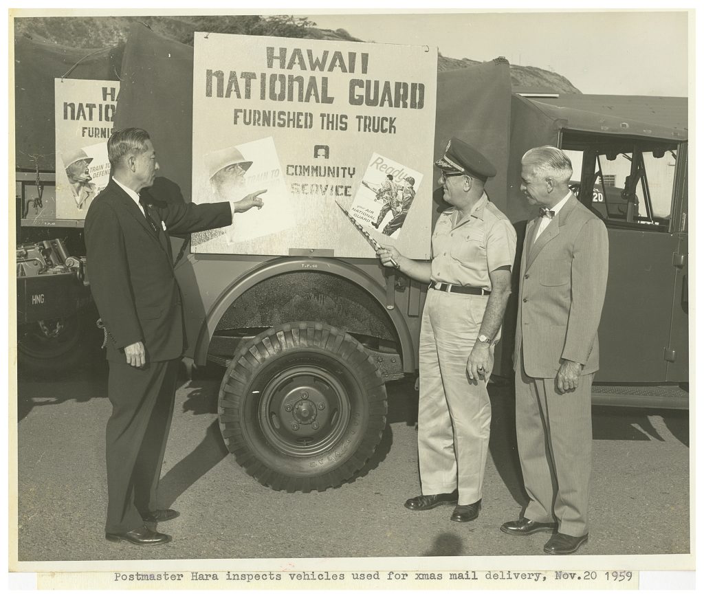 Postmaster Hara inspects vehicles used for xmas delivery Nov. 20, 1959