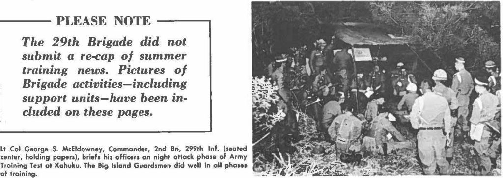 Lt Col George S. McEldowney, Commander, 2nd Bn, 299th Inf. (seated center, holding papers), briefs his officers on night attack phase of Army Training Test at Kahuku. The Big Island Guardsmen did well in all phases of training.