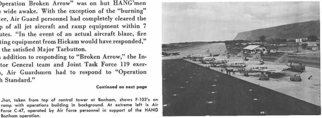 Shot, taken from top of control tower at Bonham, shows F-102ʻs on ramp with operations building in background. At extreme left is Air force C--47, operated by Air Force personnel in support of the HANG Bonham operation.