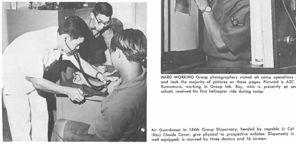 air Guardsmen in 154th Group Dispensary, headed by capable Lt CoI (Doc) Claude Caver, give physical lo prospective enlistee. Dispensary is well equipped; is manned by three doctors and 16 airmen.