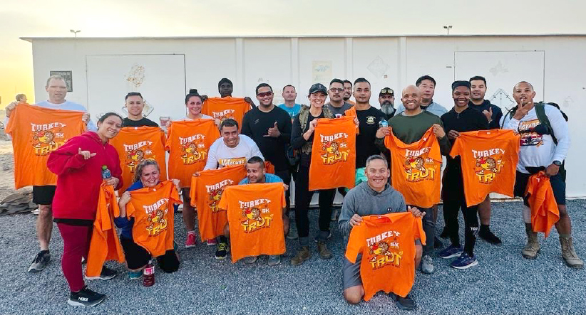 Soldiers of the 1950th Contingency Contracting Team participated in the annual Turkey Trot run at Camp Arifjan, Kuwait, on 23 November 2023, during Operation Spartan Shield. While the formation included many participants across the installation, our team proudly joined in, demonstrating spirit de corps, fitness, and resilience while deployed overseas.