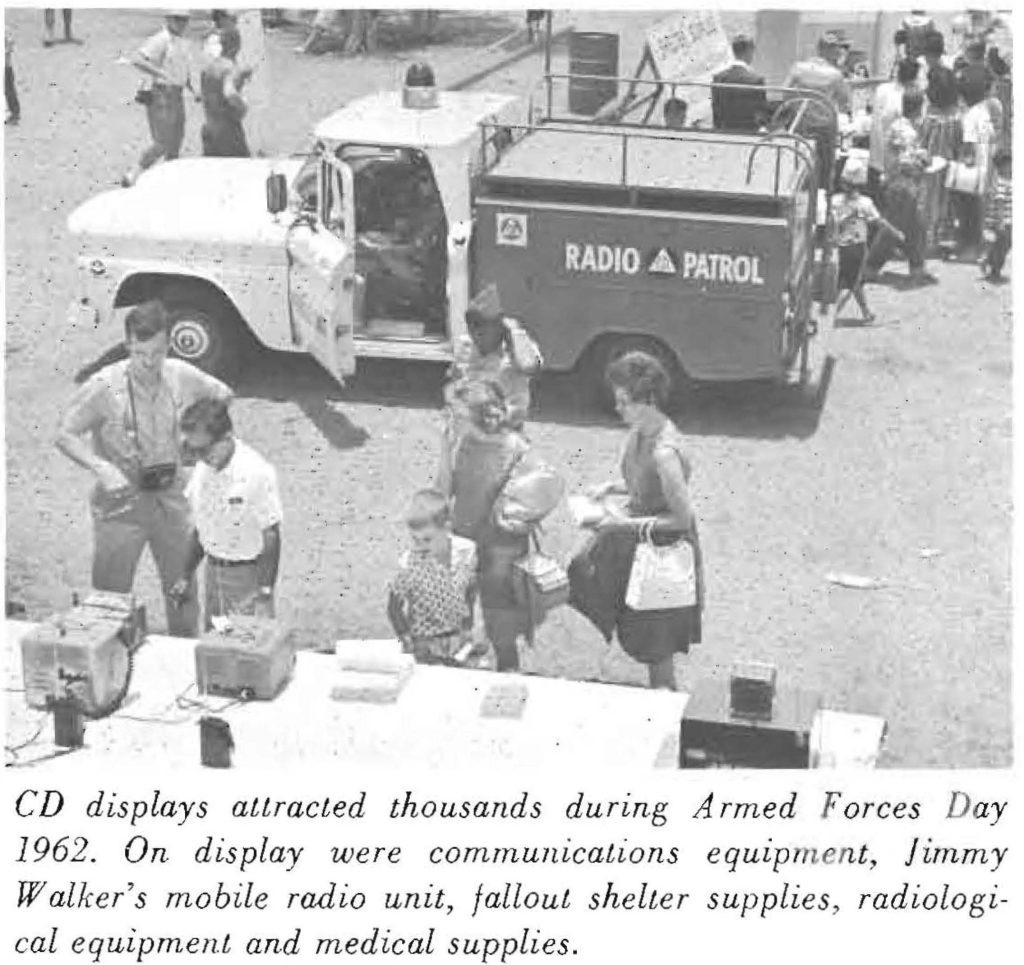 CD displays attracted thousands during Armed Forces Day 1962. On display were communications equipment, Jimmy Walker's mobile radio unit, fallout shelter supplies, radiological equipment and medical supplies.