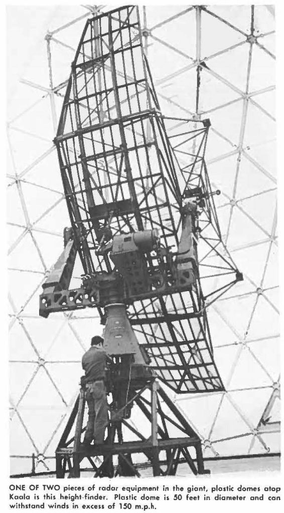 ONE OF TWO pieces of radar equipment in the giant, plastic domes atop Kaala is this height-finder. Plastic dome is 50 feet in diameter and can withstand winds in excess of 150 m.p.h.