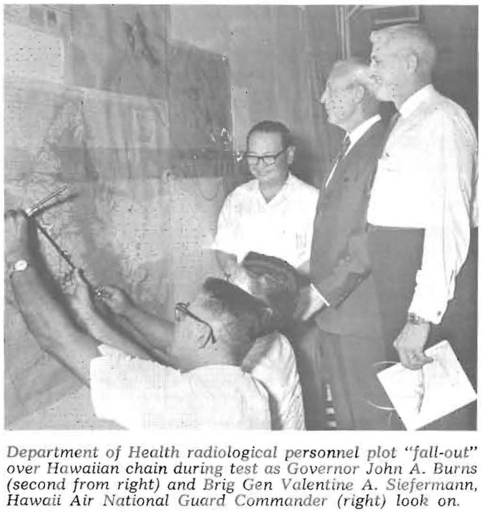 Department of Health radio logical personnel plot "fall-out" over Hawaiian chain during test as Governor John A . Burns (second from right) and Brig Gen Valentine A. Siefermann, Hawaii Air National Guard Commander (right) look on.