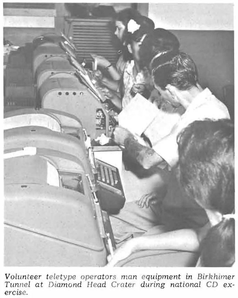 Volunteer teletype operators man equipment in Birkhimer Tunnel at Diamond Head Crater' during national CD exercise.