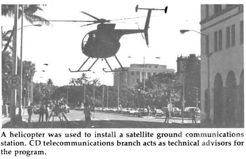 A helicopter was used to install a satellite ground communications station. CD telecommunications branch acts as technical advisors for the program.