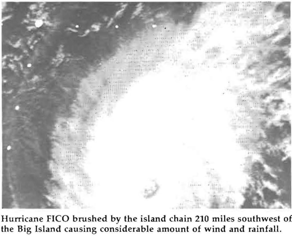 Hurricane FICO brushed by the island chain 210 miles southwest of the Big Island causing considerable amount of wind and rainfall.