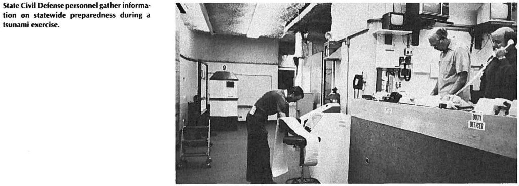 State Civil Defense personnel gather information on statewide preparedness during a tsunami exercise.