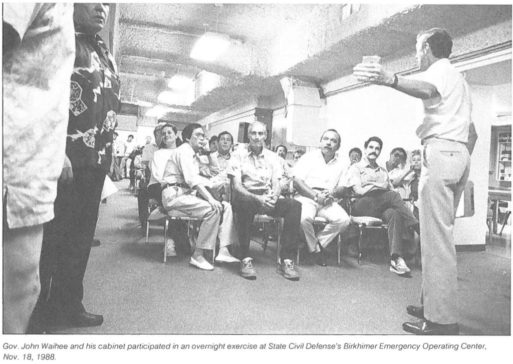 Gov. John Waihee and his cabinet participated in an overnight exercise at State Civil Defense's Birkhimer Emergency Operating Center, Nov. 18, 1988.
