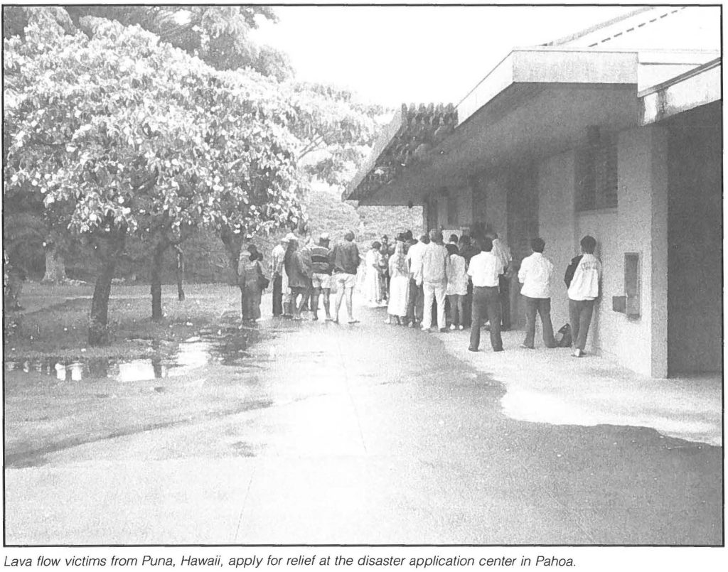 Lava flow victims from Puna, Hawaii, apply for relief at the disaster application center in Pahoa.