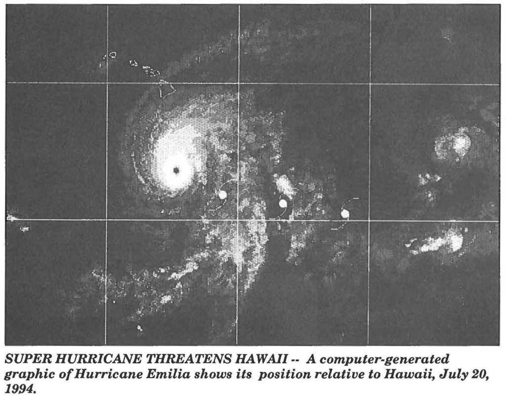 SUPER HURRICANE THREATENS HAWAII -- A computer-generated graphic of Hurricane Emilia shows its position relative to Hawaii July 20, 1994.