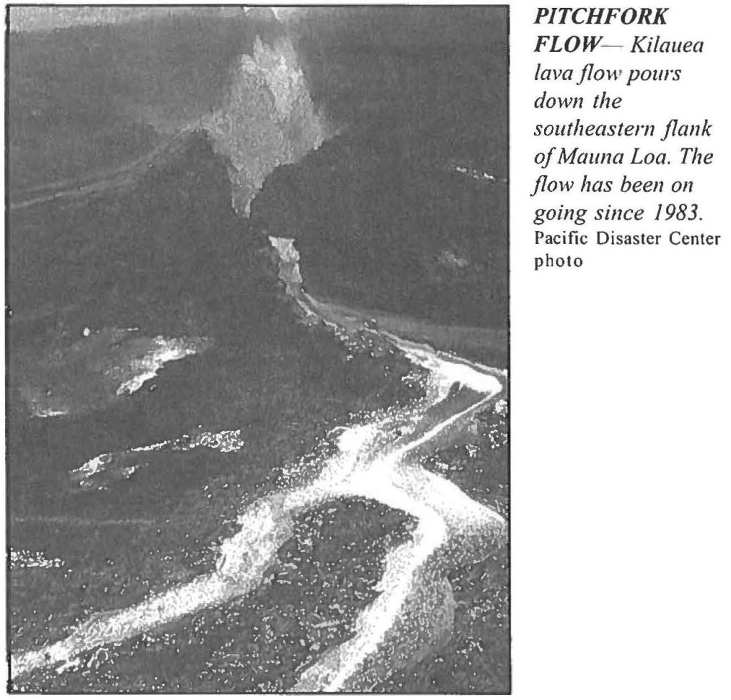 PITCHFORK FLOW- Kilauea lava flow pours down the southeastern flank of Mauna Loa. The flow has been on going since 1983. Pacific Disaster Center photo