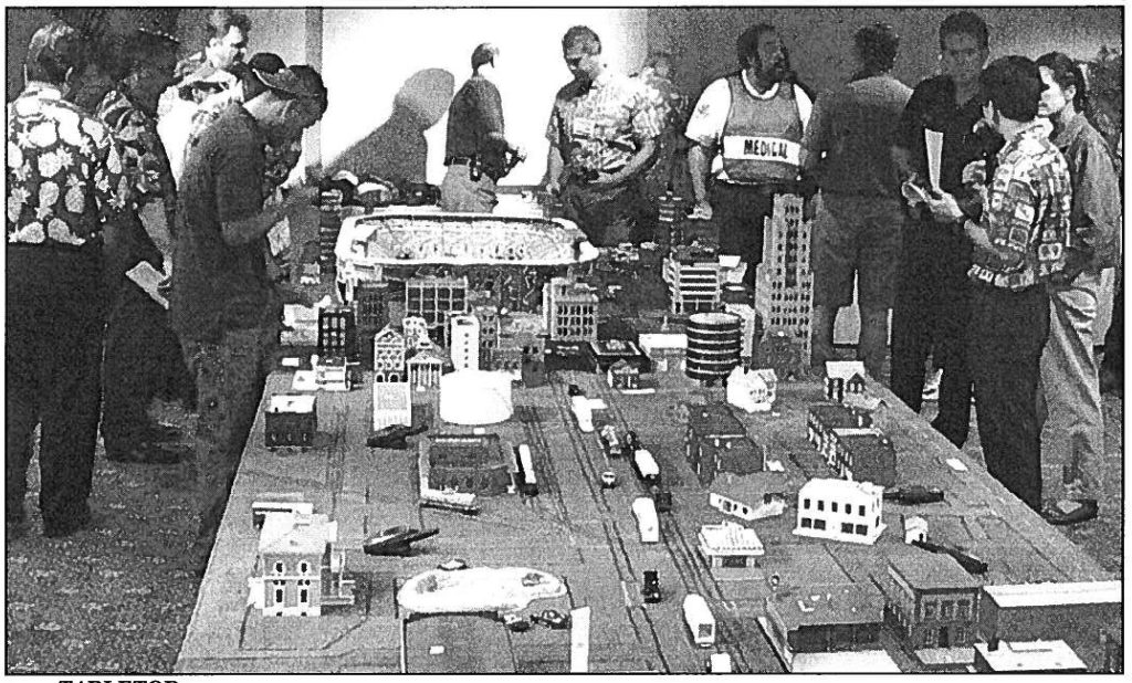 TABLETOP EXERCISE- scale model city layout was used for a terrorist incident exercise during April's NASTTPO conference held in Honolulu State Civil Defense photo