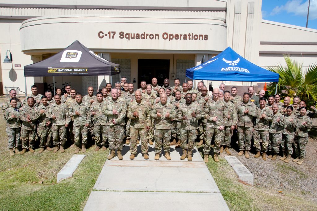 Hawai‘i National Guard leaders and service members posed for a photo at the Joint Commanders Conference in July at Joint Base Pearl Harbor-Hickam. (Photo by retired Master Sgt. Andrew Jackson)
