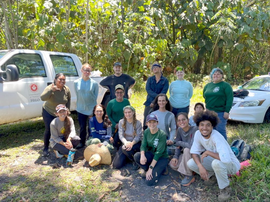 On Aug. 19, 11 community members joined Hawaiʻi Army National Guard and Liko Nā Pilina staff to outplant trees at the Keaukaha Military Reservation. Out-planting was finished up by a group of 12 volunteers from the Lanakila Learning Center on Aug. 29. Between the two groups, 232 trees were planted of 15 different species! Volunteers helped finish off what has been over a year-long effort to plant more desirable plants, both native and non-invasive introduced plants, along the roadside at KMR. Following planting, volunteers received a tour of the Liko Nā Pilina restoration plots and learned how to apply nematodes to tree infected with Queensland Longhorn Beetle larvae to kill the larvae and save the tree. — Photos by Emma Stierhoff, University of Hawai‘i at Hilo