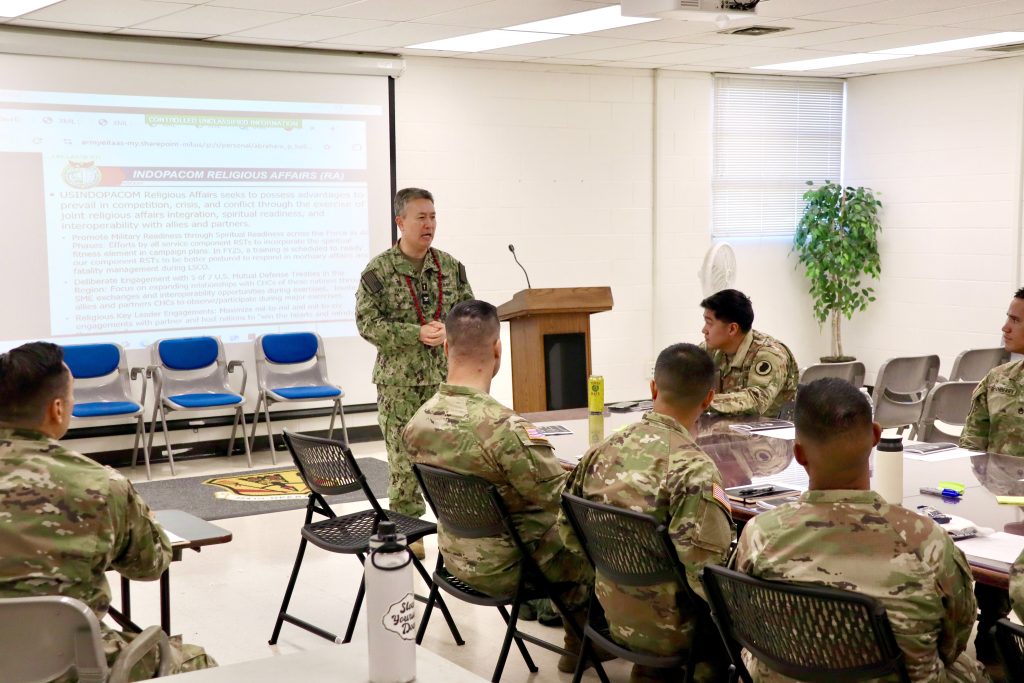 INDOPACOM Chaplain Capt. Dave Yang spoke to attendees about spiritual fitness; (Hawai‘i National Guard photos by Staff Sgt. Julius Maeva, Capt. Lindsay Kraus and Col. Christopher Guadiz)