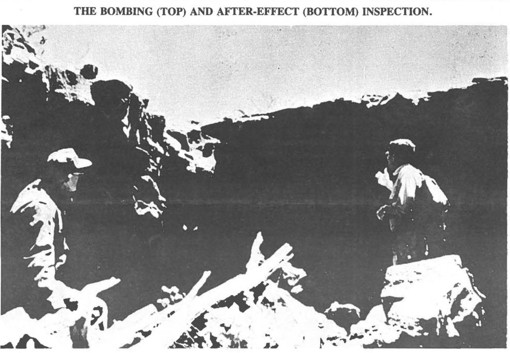 THE BOMBING (TOP) AND AFTER-EFFECT (BOTTOM) INSPECTION.