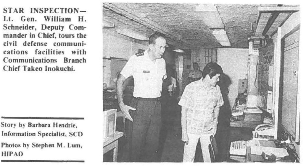 STAR INSPECTION Lt. Gen. William H. Schneider, Deputy Commander in Chief, tours the civil defense communications facilities with Communications Branch Chief Takeo lnokuchi.