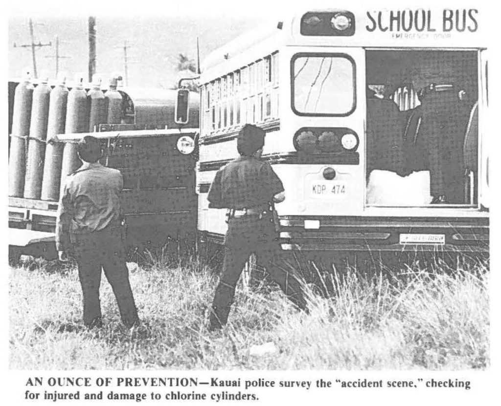 AN OUNCE OF PREVENTION-Kauai police survey the "accident scene," checking for injured and damage to chlorine cylinders.