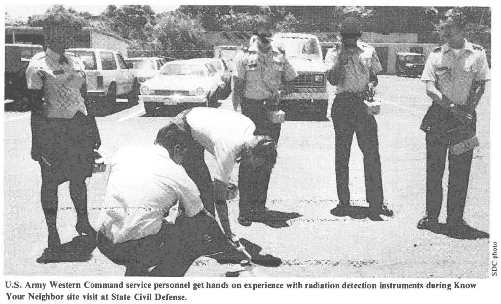 U.S. Army Western Command service personnel get hands on experience with radiation detection instruments during Know Your Neighbor site visit at State Civil Defense.