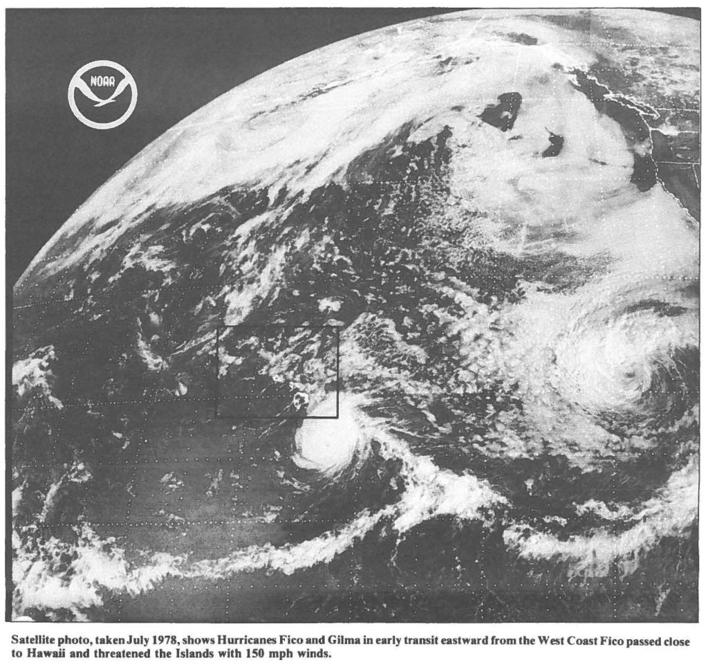 Satellite photo, taken July 1978, shows Hurricanes Fico and Gilma in early transit eastward from the West Coast Fico passed close to Hawaii and threatened the Islands with 150 mph winds.