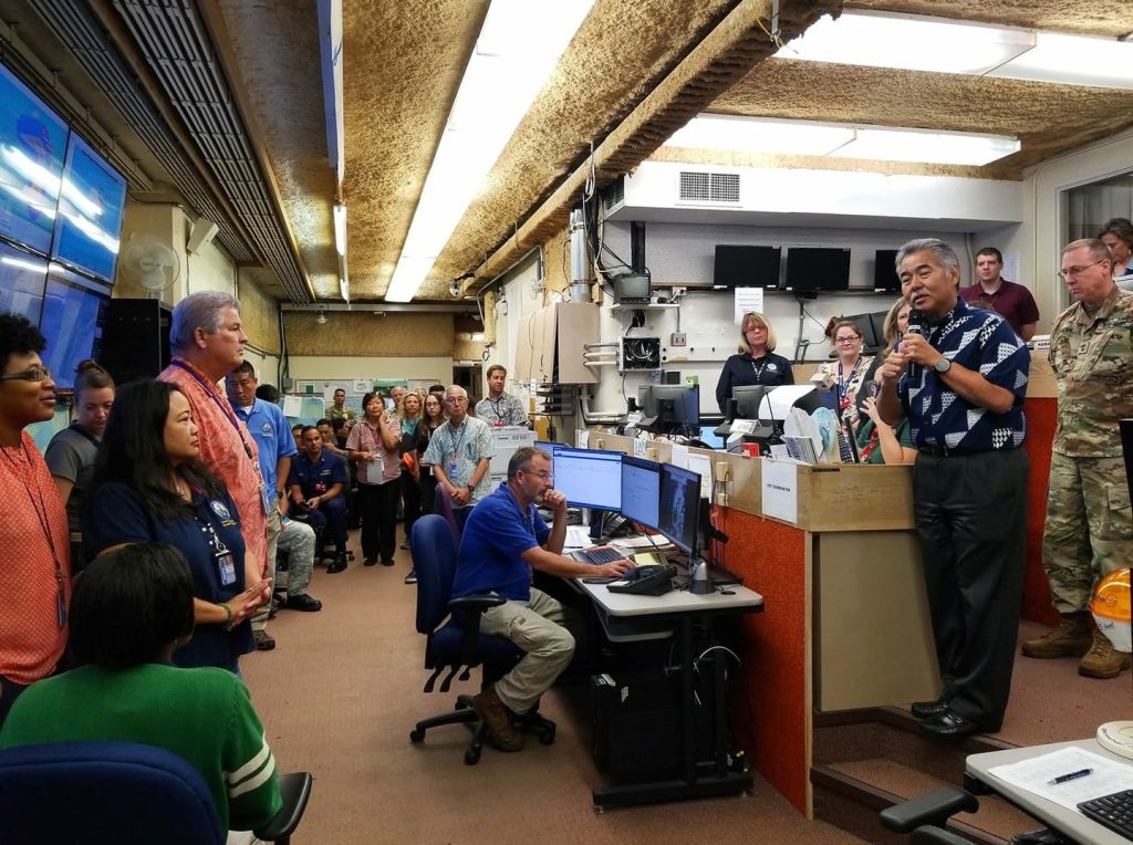 Hunkering down for Hurricane Lane, Honolulu, HI. Governor David Ige briefly addresses Hawai‘i Emergency Management Agency crews and other Hawai‘i Department of Defense employees working to keep Hawai‘i residents and their communities safe during Hurricane Lane. (Photo by: Ryan Senaga)