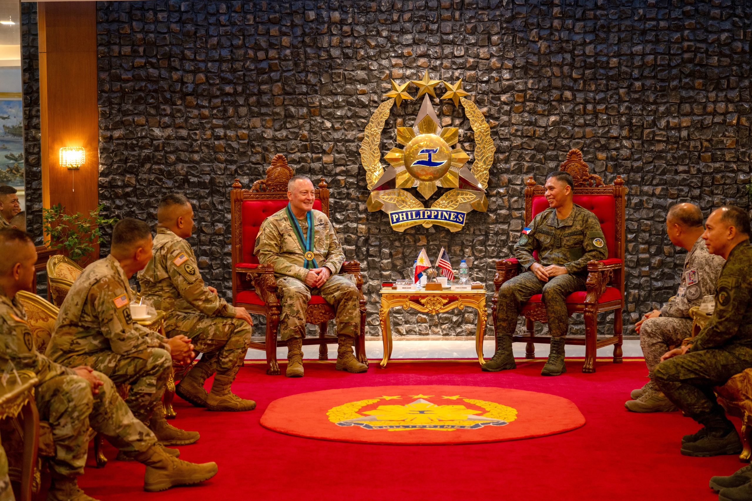 Hawai‘i Adjutant General Maj. Gen. Stephen Logan, center, attended a key leader engagement hosted by Armed Forces of the Philippines Lt. Gen. Rey Alemania, Army Joint Sustainment Command commander, right, at Camp General Emilio Aguinaldo, Quezon City, Philippines on Sept. 24, 2025. The engagement recognized 25 years of partnership between the Hawai‘i National Guard and Armed Forces of the Philippines under the State Partnership Program, the Indo-Pacific’s longest-running SPP. (Hawai‘i Air National Guard photo by Senior Master Sgt. Mysti Bicoy)