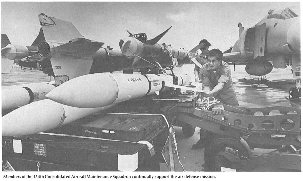 Members of the 154th Consolidated Aircraft Maintenance Squadron continually support the air defense mission. (State of Hawai‘i Department of Defense 1986 annual report)