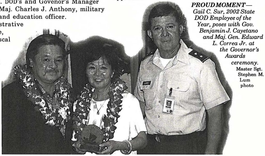 PROUD MOMENT- Gail C. Sur, 2002 State DOD Employee of the Year, poses with Gov. Benjamin J. Cayetano and Maj. Gen. Edward L. Correa Jr. at the Governor's Awards ceremony. Master Sgt. Stephen M. Lum photo