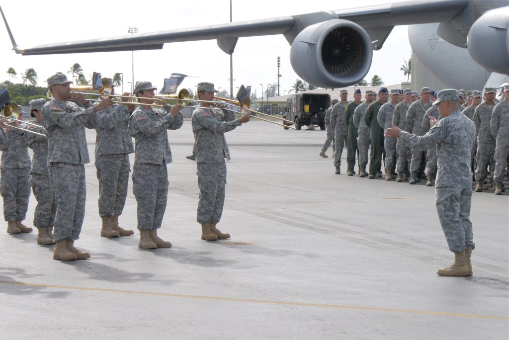Chief Curtis Hiyane led the 111th Army Band during a TAG Transfer of Authority ceremony at Hickam Air Force Base. (Hawai‘i National Guard photo)
