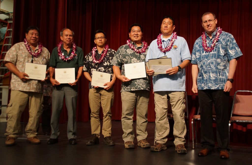 The State of Hawaii, Dept. of Defense, State Team of the Year: The Siren Modernization Project Support Team from the Hawaii Emergency Management Agency (L-R) Robin Liu, Albert Chong Jr., Emerson Ibera, Kurt Nagano and Ryan J. Hirae; Missing: Jack Y. Machida, Marc Nonaka, Eric K. Shimabuku and Justin Post.