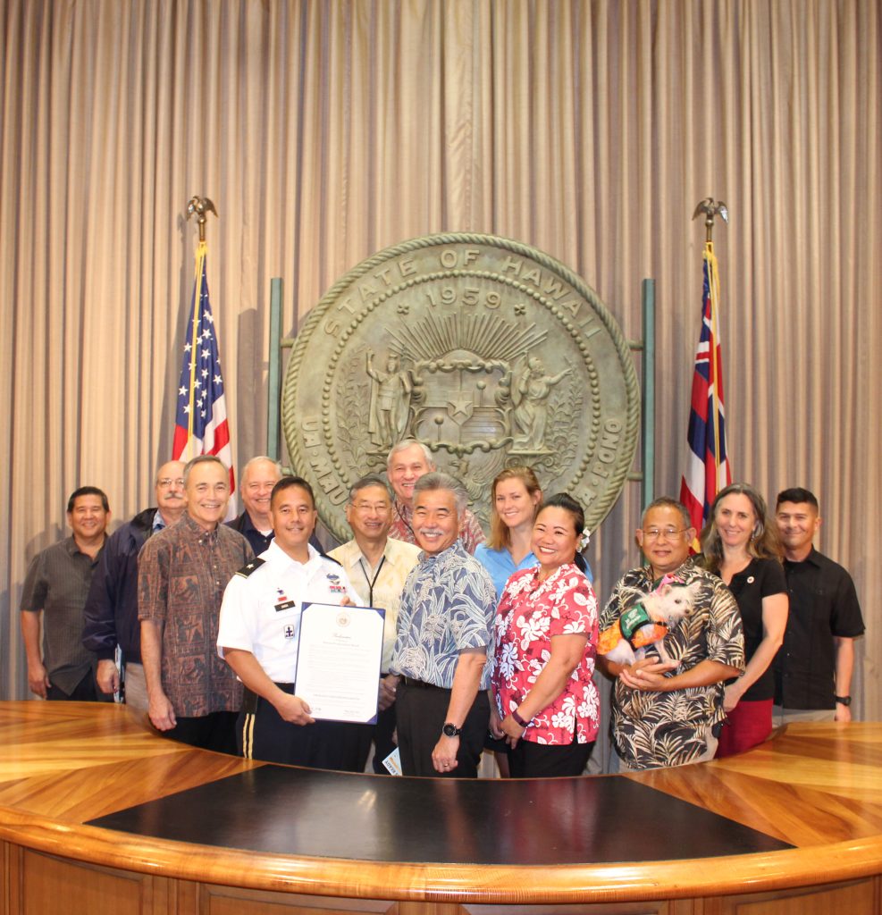 September is National Preparedness Month. Governor Ige presented the Hawaii Emergency Management Agency with a proclamation on Friday, Sept. 8 , 2017 at the ceremonial office. Attendees included Gen. Hara, Gen. Oliveira (R), Department of Emergency Management , Federal Emergency Management Agency, National Weather Service and Amateur Radio Club. HIEMA is recommending residents prepare an emergency kit of a minimum of 14 days of food, water and other supplies.