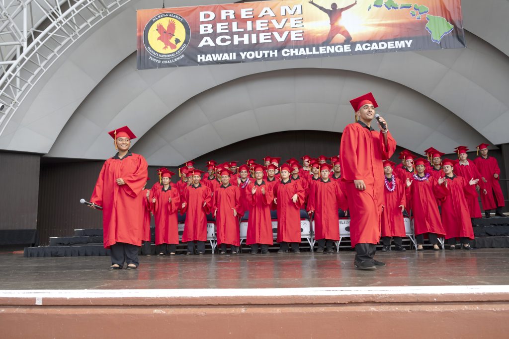 Class 63 of the Hawai‘i Youth Challenge Academy O‘ahu marked another milestone with its graduation ceremony on Sunday, Dec. 7, 2025, at the Tom Moffatt Waikiki Shell. A total of 54 graduates represented Class 63, with 72% earning their HiSET diplomas. The cadets gave back in a big way by logging 4,221 hours of service to the community and saving the state an estimated $50,652. They also planned and hosted a Fall Festival for 212 residents of the Onemalu Transitional Shelter. The cadets and staff took a Chinook flight with Sgt. 1st Class Christopher Cluney and the team at the Hawaiʻi Army National Guard, an opportunity three years in the making. Congratulations Class 63!