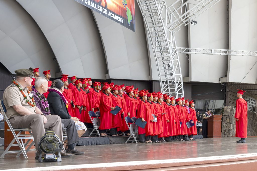 Class 63 of the Hawai‘i Youth Challenge Academy O‘ahu marked another milestone with its graduation ceremony on Sunday, Dec. 7, 2025, at the Tom Moffatt Waikiki Shell. A total of 54 graduates represented Class 63, with 72% earning their HiSET diplomas. The cadets gave back in a big way by logging 4,221 hours of service to the community and saving the state an estimated $50,652. They also planned and hosted a Fall Festival for 212 residents of the Onemalu Transitional Shelter. The cadets and staff took a Chinook flight with Sgt. 1st Class Christopher Cluney and the team at the Hawaiʻi Army National Guard, an opportunity three years in the making. Congratulations Class 63!