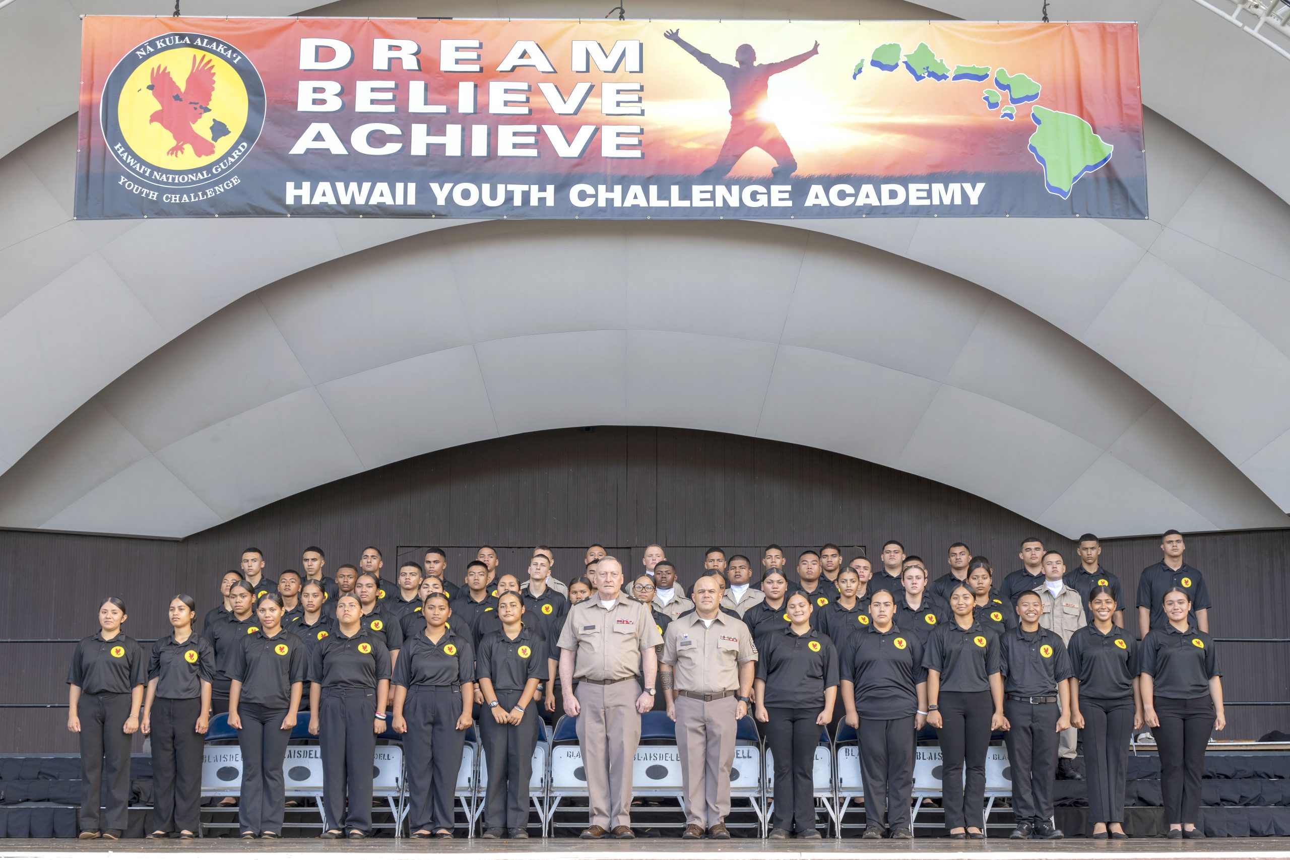 Class 63 of the Hawai‘i Youth Challenge Academy O‘ahu marked another milestone with its graduation ceremony on Sunday, Dec. 7, 2025, at the Tom Moffatt Waikiki Shell. A total of 54 graduates represented Class 63, with 72% earning their HiSET diplomas. The cadets gave back in a big way by logging 4,221 hours of service to the community and saving the state an estimated $50,652. They also planned and hosted a Fall Festival for 212 residents of the Onemalu Transitional Shelter. The cadets and staff took a Chinook flight with Sgt. 1st Class Christopher Cluney and the team at the Hawaiʻi Army National Guard, an opportunity three years in the making. Congratulations Class 63!