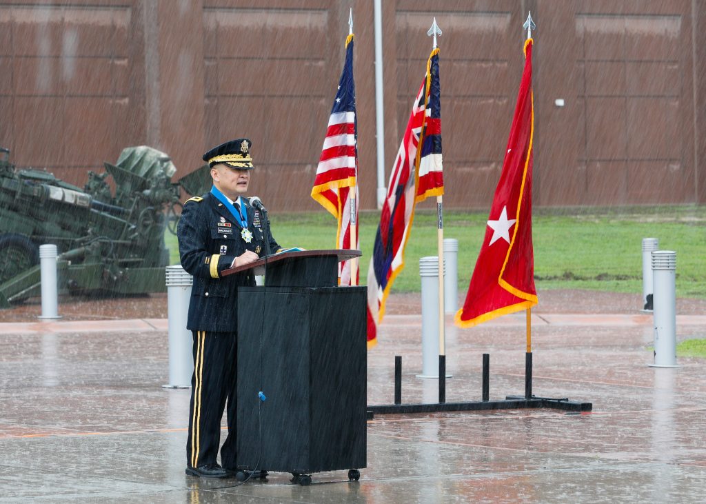 Maj. Gen. Roy Macaraeg spoke while it rained at his retirement ceremony at the 29th Infantry Brigade Combat Team Readiness Center in Kalaeloa on Dec. 19, 2025. U.S. Army National Guard photo by Staff Sgt. Chad Akana