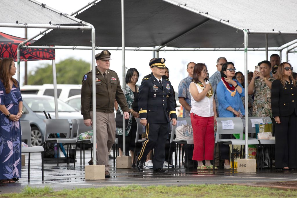 Hawai‘i Adjutant General Maj. Gen. Stephen Logan walked alongside Macaraeg. U.S. Army National Guard photo by Sgt. Mariah-Alexsandra Manandic-Kapu