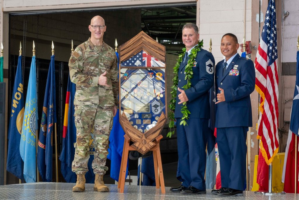 Hawai‘i Air National Guard Commander Maj. Gen. Joseph Harris II, left, Chief Master Sgt. Richard Costa, and Maj. Justin Sellona flashed shakas at Costa’s retirement ceremony on Jan. 10, 2026, at Joint Base Pearl Harbor-Hickam. (U.S. Air National Guard photo by Tech. Sgt. Orlando Corpuz)