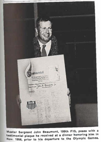 Master Sergeant John Beaumont, 199th FIS, poses with a testimonial plaque he received at a dinner honoring him in Nov. 1956, prior to his departure to the Olympic Games.