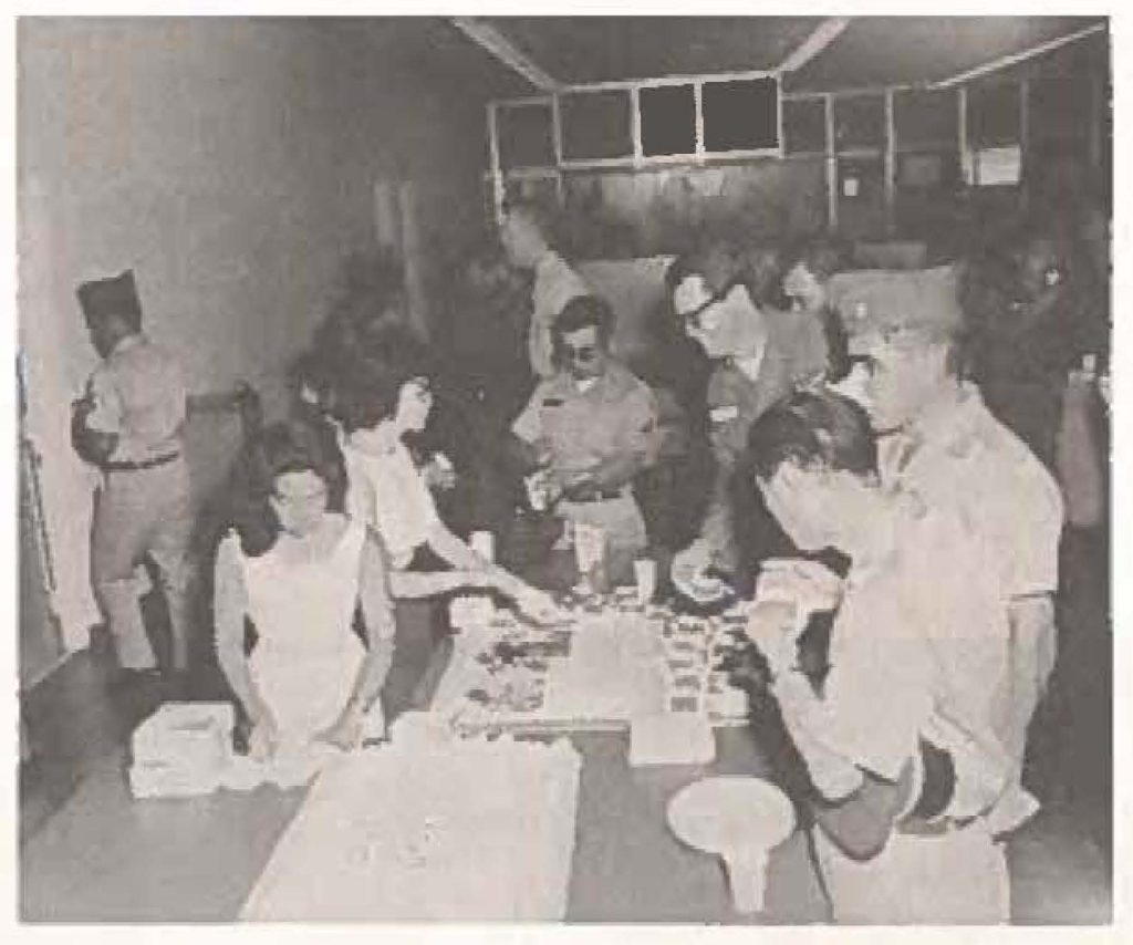 The HNG dedicated the new United States Property and Fiscal office building in Diamond Head crater 18 September with a short ceremony held in front of the building (top left photo). The one story, steel and concrete building (left) was constructed for a total cost of $335,586.00. Taking part in ceremony were Maj. Gen. Robert L. Stevenson, Adjutant General, Mr. William R. Norwood, Administrative Director to Governor Burns, lt Col John Naumu, USP&FO and contractor Ronald Y. Hamamoto. Following ceremony, the 150 guest toured offices and warehouse and enjoyed refreshments.