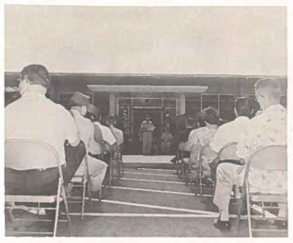 The HNG dedicated the new United States Property and Fiscal office building in Diamond Head crater 18 September with a short ceremony held in front of the building (top left photo). The one story, steel and concrete building (left) was constructed for a total cost of $335,586.00. Taking part in ceremony were Maj. Gen. Robert L. Stevenson, Adjutant General, Mr. William R. Norwood, Administrative Director to Governor Burns, lt Col John Naumu, USP&FO and contractor Ronald Y. Hamamoto. Following ceremony, the 150 guest toured offices and warehouse and enjoyed refreshments.